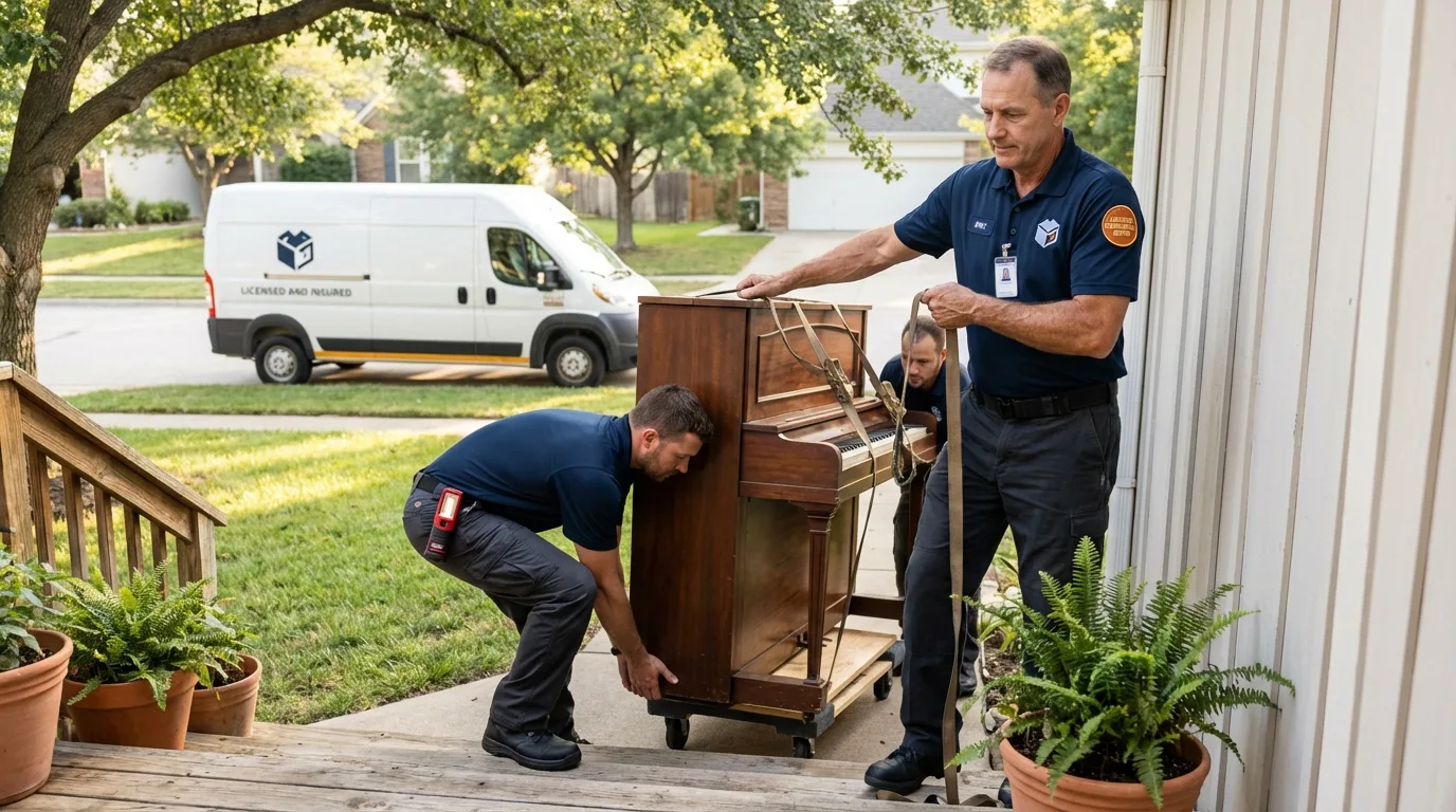 Licensed piano movers securing grand piano in Lunenburg, VA