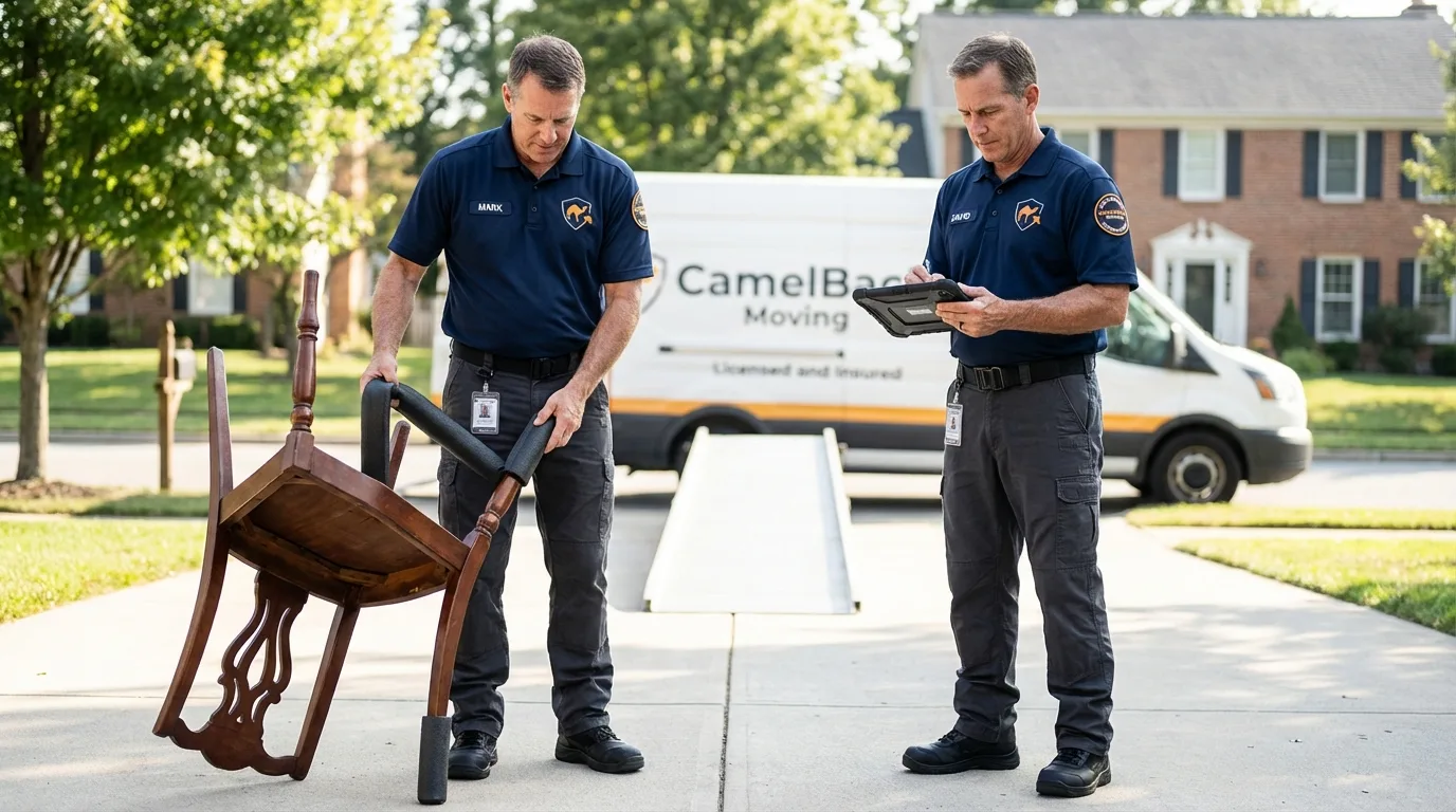 Movers inspecting furniture for damage prevention before loading in Lunenburg, VA
