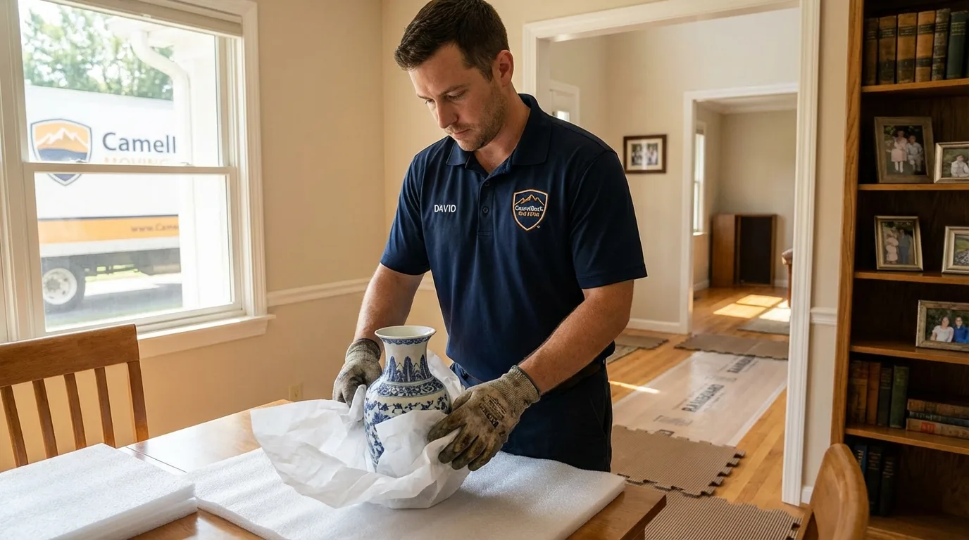 Professional crew carefully wrapping antique vase for senior downsizing move in Lunenburg, VA